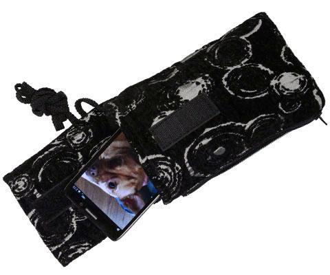 Cell Phone Case with Crossbody Cord | Pebbles in Black Upholstery Fabric | Handmade in the USA by Pandemonium Seattle