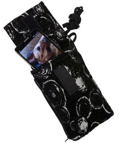 Cell Phone showing dog in Case with Cord | Crop Circles Chenille | Handmade in the USA by Pandemonium Seattle