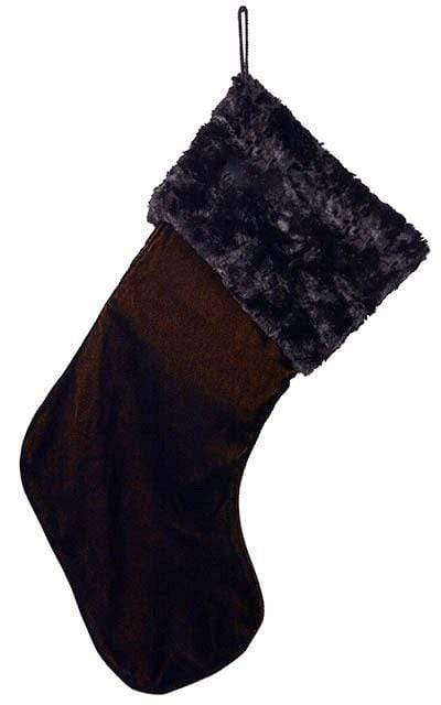 Custom Stocking Black / Gold Velvet with Cuddly Black with Rhinestone Brooch| Luxury Faux Fur Designer | Handmade by Pandemonium Millinery Seattle, WA usa