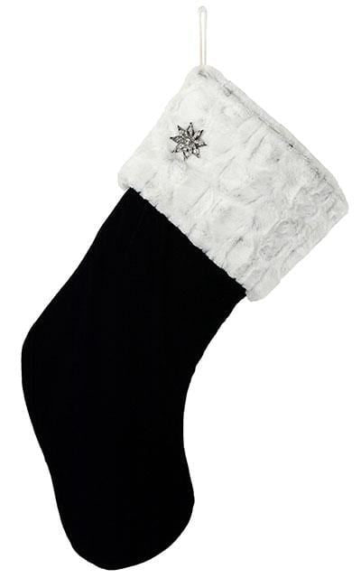 Custom Stocking Black Velvet with Winter Frost | Luxury Faux Fur Designer with Rhinestone Brooch | Handmade by Pandemonium Millinery Seattle, WA usa