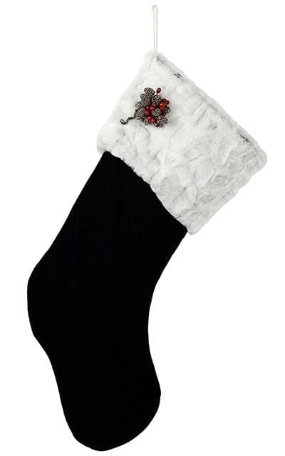 Custom Stocking Black Velvet with Winter Frost with decorative brooch | Luxury Faux Fur Designer | Handmade by Pandemonium Millinery Seattle, WA usa