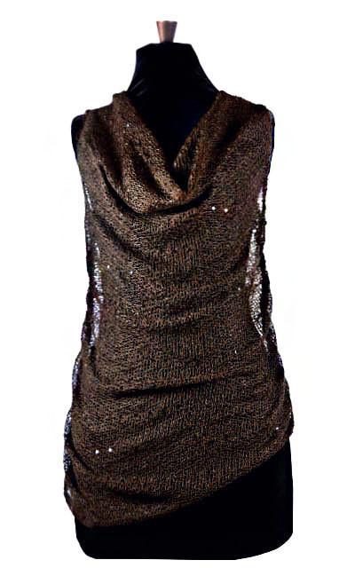 Product shot of the Cowl Top a versatile  asymmetrical top is ruched on both sides| Glitzy Glam in Coffee, a chocolate an open-weave knit with delicate sequins throughout | Handmade in Seattle WA | Pandemonium Millinery