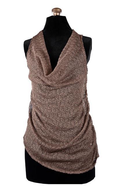Product shot of the Cowl Top a versatile  asymmetrical top is ruched on both sides| Glitzy Glam in Toffee a taupe colored, an open-weave knit with delicate sequins throughout | Handmade in Seattle WA | Pandemonium Millinery