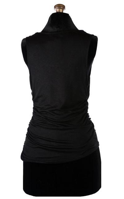 Back View Product shot of the Cowl Top a versatile  asymmetrical top is ruched on both sides| Abyss a Black  Jersey Knit, a light weight, soft knit.| Handmade in Seattle WA | Pandemonium Millinery