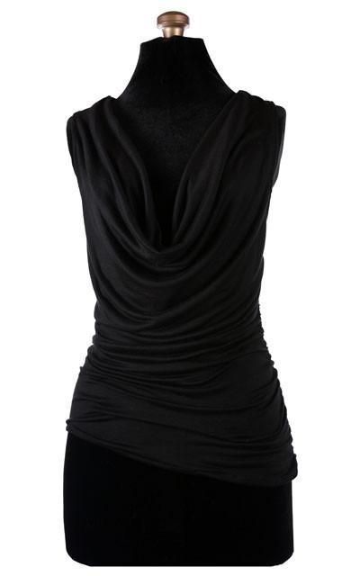 Product shot of the Cowl Top a versatile  asymmetrical top is ruched on both sides| Abyss a Black  Jersey Knit, a light weight, soft knit.| Handmade in Seattle WA | Pandemonium Millinery