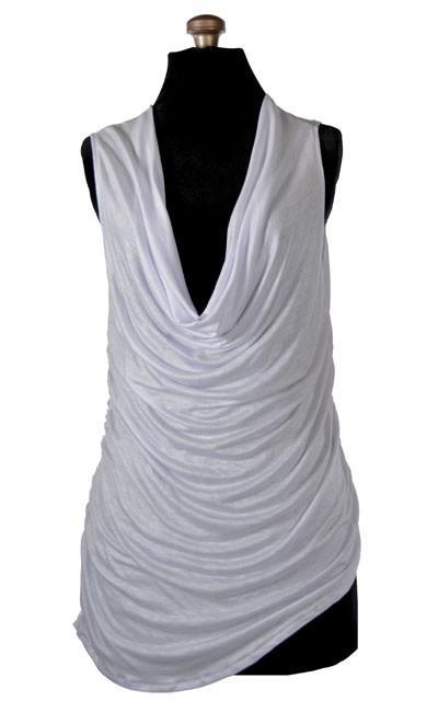 Product shot of the Cowl Top a versatile  asymmetrical top is ruched on both sides| Milky Way a white Jersey Knit, a light weight, soft knit.| Handmade in Seattle WA | Pandemonium Millinery