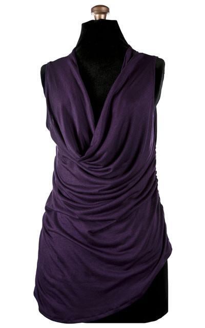 Product shot of the Cowl Top a versatile  asymmetrical top is ruched on both sides| Purple Haze Jersey Knit, a light weight, soft knit.| Handmade in Seattle WA | Pandemonium Millinery