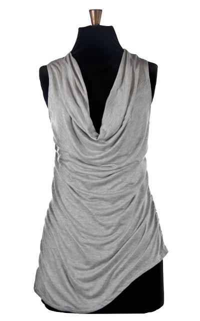 Product shot of the Cowl Top a versatile  asymmetrical top is ruched on both sides| Silvery moon a Gray Jersey Knit, a light weight, soft knit.| Handmade in Seattle WA | Pandemonium Millinery