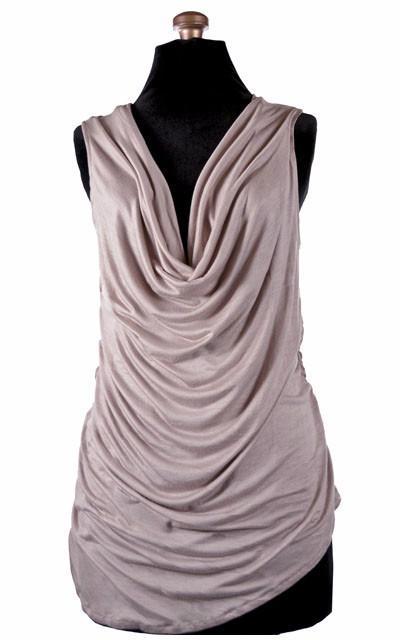 Product shot of the Cowl Top a versatile  asymmetrical top is ruched on both sides| Stardust a tan. beige Jersey Knit, a light weight, soft knit.| Handmade in Seattle WA | Pandemonium Millinery