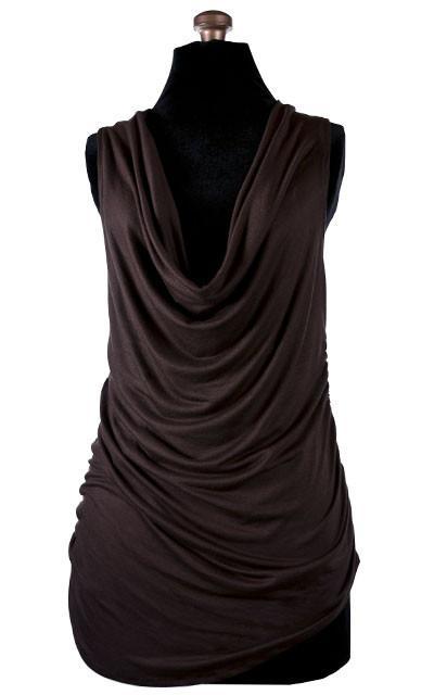 Product shot of the Cowl Top a versatile  asymmetrical top is ruched on both sides| Terra a Chocolate Brown  Jersey Knit, a light weight, soft knit.| Handmade in Seattle WA | Pandemonium Millinery