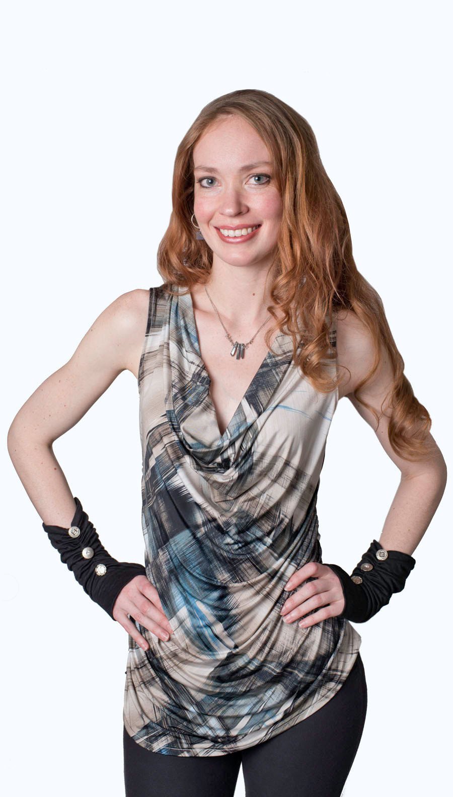 Model wearing a ruched fingerless texting gloves  matching Cowl Top a versatile  asymmetrical top is ruched on both sides| Pretty plaid in blue a Plaid print on Lycra , tans, black, cream.| Handmade in Seattle WA | Pandemonium Millinery