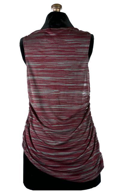 Back View of Product shot of Cowl Top a versatile asymmetrical top is ruched on both sides | Reflections in sunset striped burgundy and light gray Lightweight Jersy knit | Handmade in Seattle WA | Pandemonium Millinery