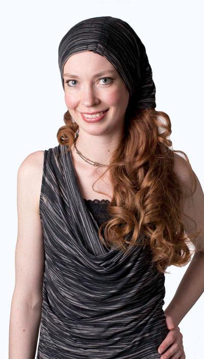 Model wearing Gather hat style and Cowl Top a versatile asymmetrical top is ruched on both sides | Reflections in midnight striped Black and light gray Lightweight Jersy knit | Handmade in Seattle WA | Pandemonium Millinery