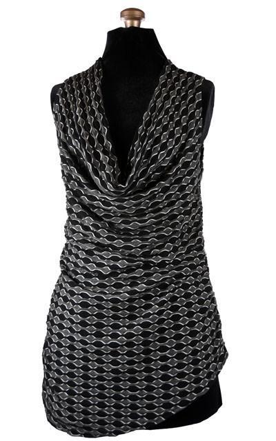 Product shot of Cowl Top a versatile asymmetrical top is ruched on both sides | Lunar Eclipse a medium  weight Textured Jersy knit of black, gray and ivory | Handmade in Seattle WA | Pandemonium Millinery