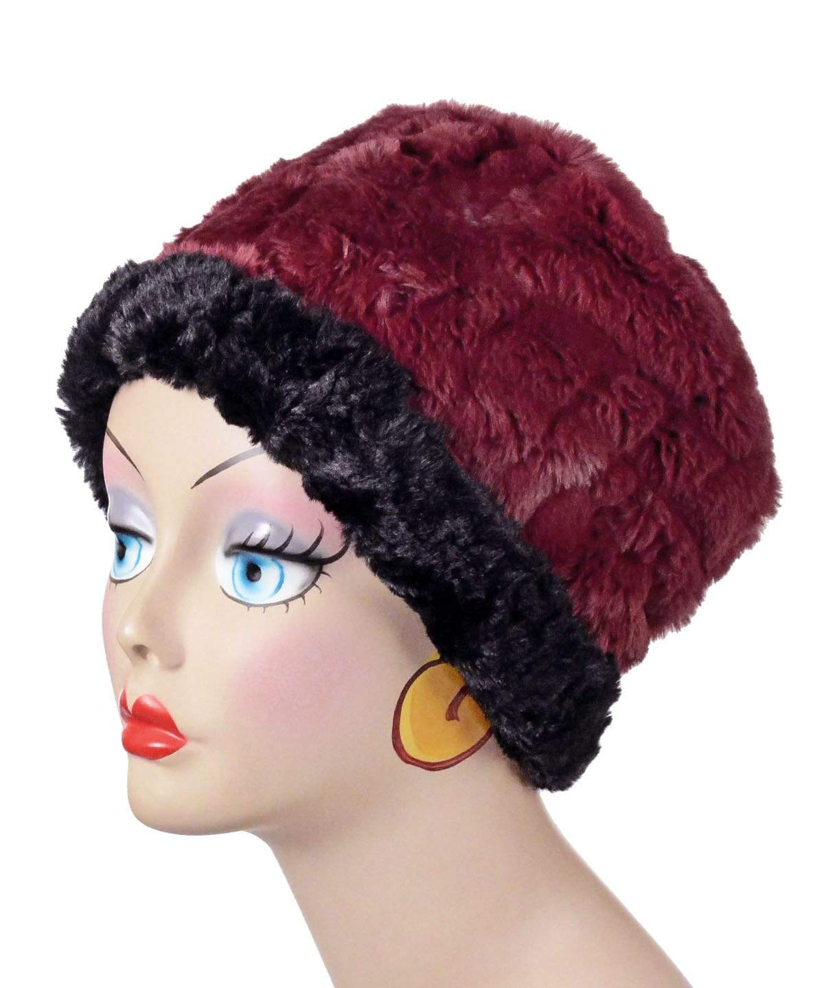   Women&#39;s Cuffed Pillbox on mannequin shown with short cuff | Cranberry Creek Faux Fur  with Cuddly Black| Handmade USA by Pandemonium Seattle