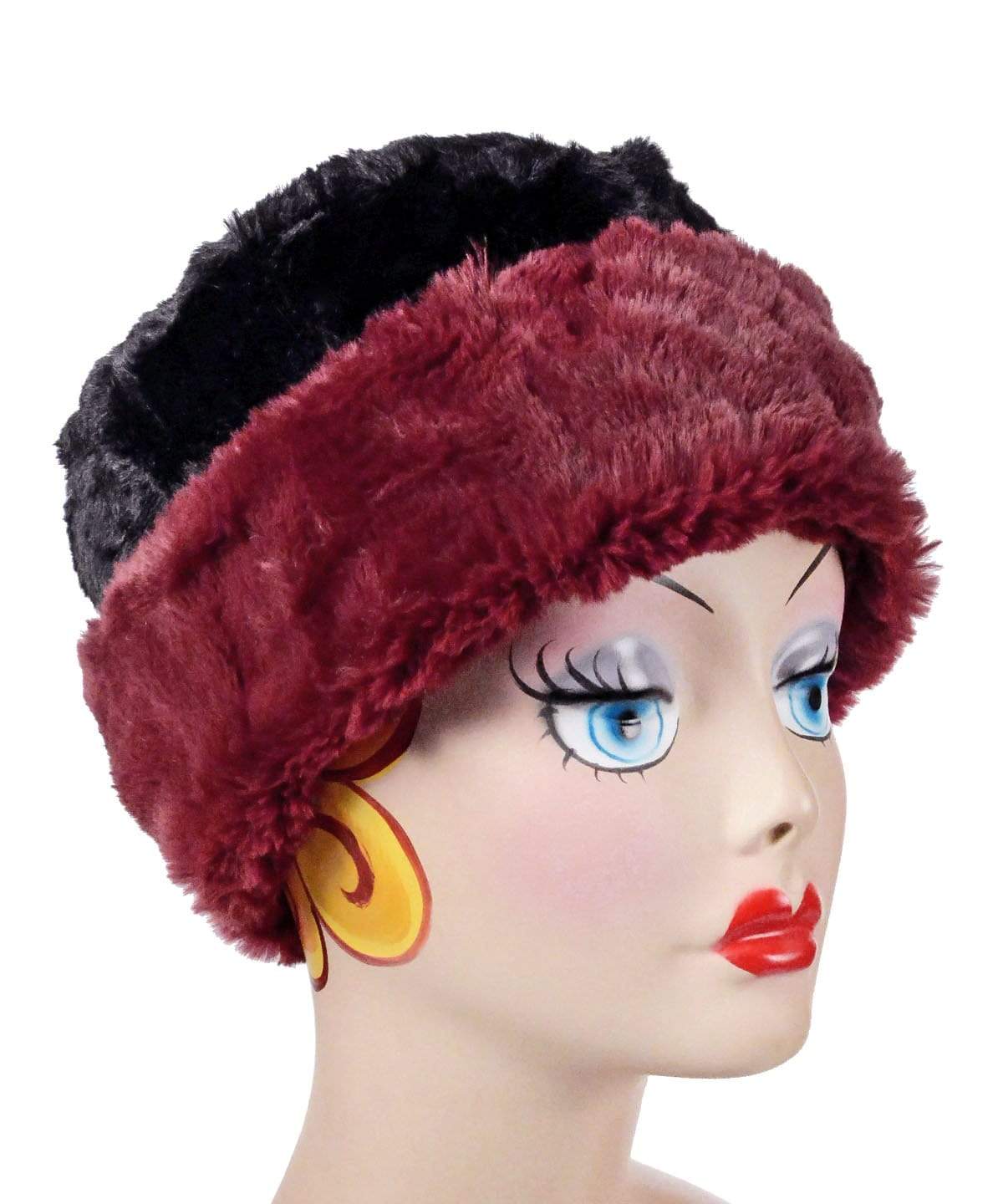   Women&#39;s Cuffed Pillbox on mannequin | Cranberry Creek Faux Fur  with Cuddly Black| shown in reverse Handmade USA by Pandemonium Seattle