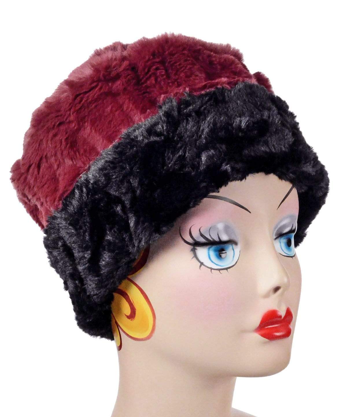   Women&#39;s Cuffed Pillbox on mannequin | Cranberry Creek Faux Fur  with Cuddly Black| Handmade USA by Pandemonium Seattle