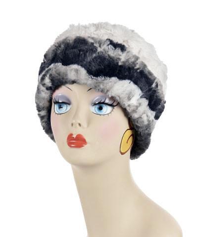 Women&#39;s Cuffed Pillbox on mannequin shown in reverse | Ocean mist, navy and cream Faux Fur with Ivory| Handmade USA by Pandemonium Seattle