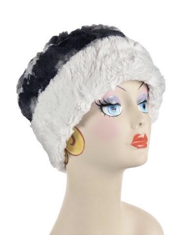 Women&#39;s Cuffed Pillbox on mannequin | Ocean mist, navy and cream Faux Fur with Ivory| Handmade USA by Pandemonium Seattle