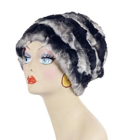 Women&#39;s Cuffed Pillbox on mannequin shown in reverse shown uncuffed | Ocean mist, navy and cream Faux Fur | Handmade USA by Pandemonium Seattle