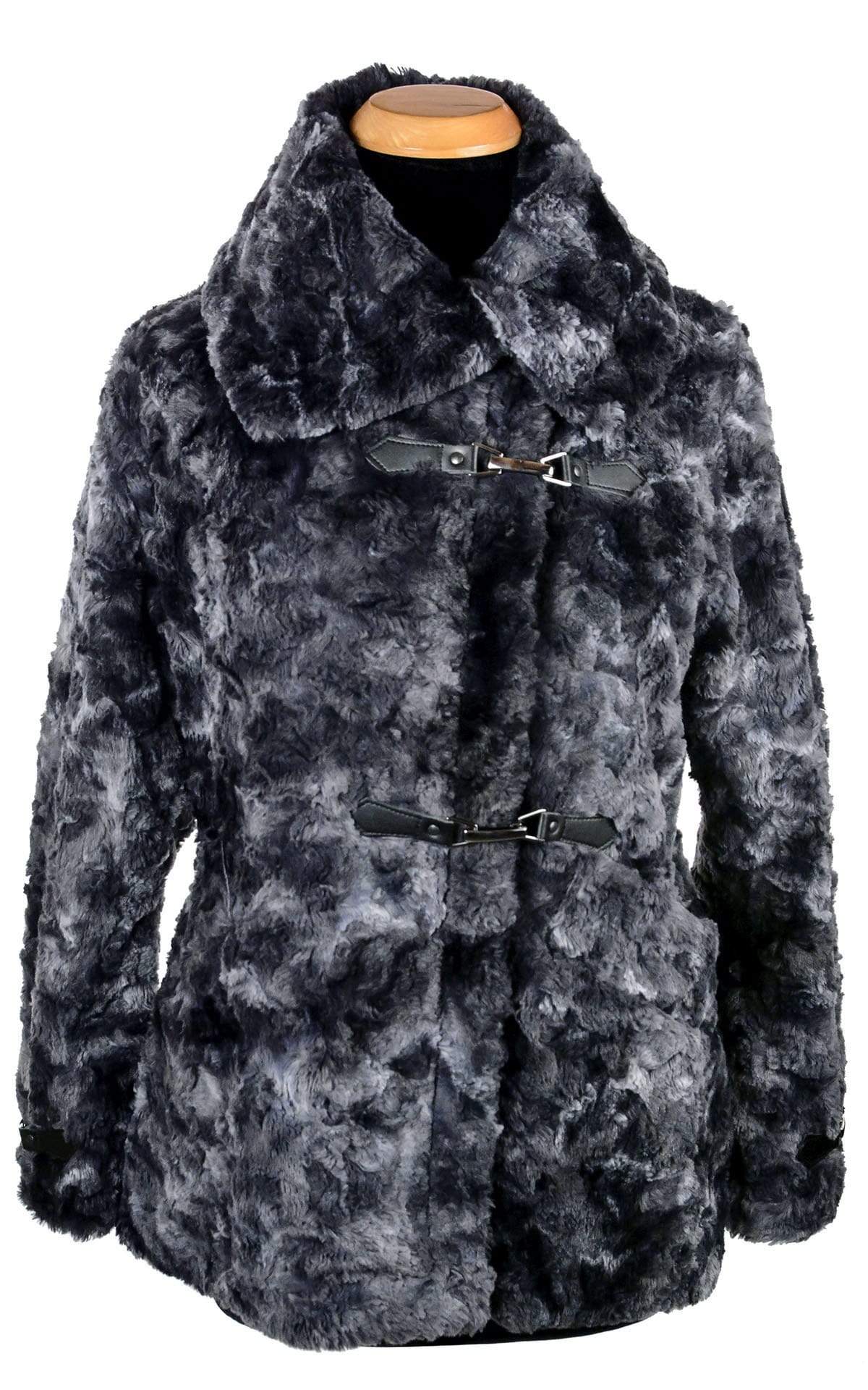 Dietrich Coat | Highland in Sky Denim and Gray Tie Dye Faux Fur Pea Coat | Featuring Buckle Clasps | Handmade in Seattle, WA | Pandemonium Millinery