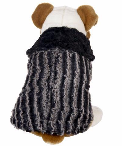 Handmade reversible Dog Coat on Stuffed Dog Back view | Desert Sand in Charcoal Gray, Luxury Faux Fur Designer | Handmade by Pandemonium Millinery Seattle, WA USA