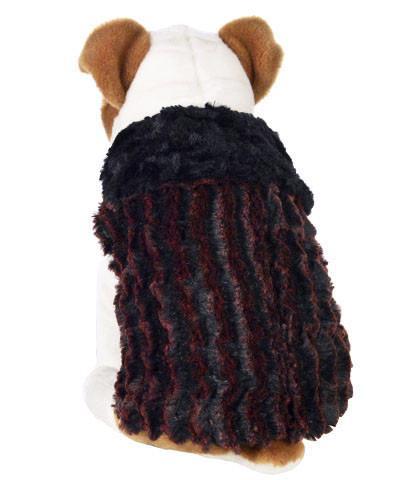 Handmade reversible Dog Coat on Stuffed Dog Back view | Desert Sand in Crimson , Luxury Faux Fur Designer | Handmade by Pandemonium Millinery Seattle, WA USA