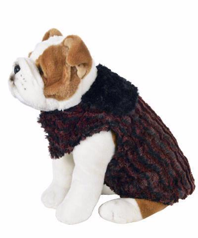 Handmade reversible Dog Coat on Stuffed Dog  side view | Desert Sand in Crimson , Luxury Faux Fur Designer | Handmade by Pandemonium Millinery Seattle, WA usa
