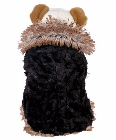 Designer Handmade reversible Dog Coat on Stuffed Dog Back view reversed | Red Fox Long hair  Luxury Faux Fur revers to black | Handmade by Pandemonium Millinery Seattle, WA USA