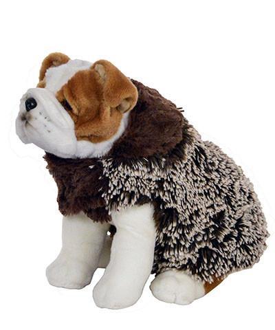 Designer Handmade reversible Dog Coat on Stuffed Dog side view | Brown Fox Long hair Faux Fur revers to Chocolate | Handmade by Pandemonium Millinery Seattle, WA USA