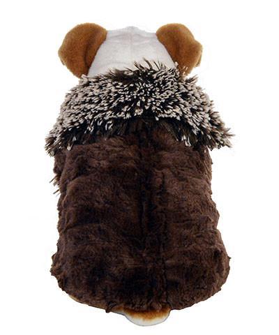 Designer Handmade reversible Dog Coat on Stuffed Dog shown reversed back view | Brown Fox Long hair Faux Fur revers to Chocolate | Handmade by Pandemonium Millinery Seattle, WA USA