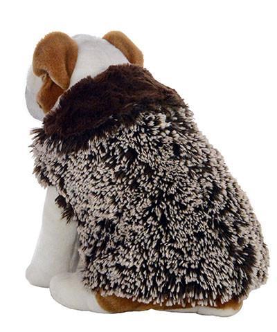 Designer Handmade reversible Dog Coat on Stuffed Dog back view | Brown Fox Long hair Faux Fur revers to Chocolate | Handmade by Pandemonium Millinery Seattle, WA USA
