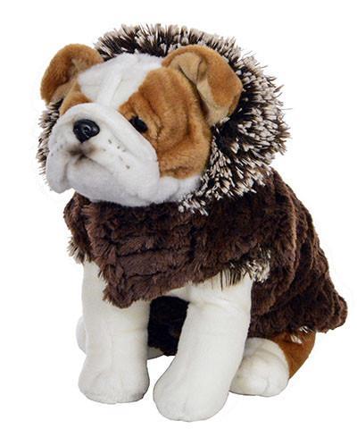 Designer Handmade reversible Dog Coat on Stuffed Dog front view | Brown Fox Long hair Faux Fur revers to Chocolate | Handmade by Pandemonium Millinery Seattle, WA USA