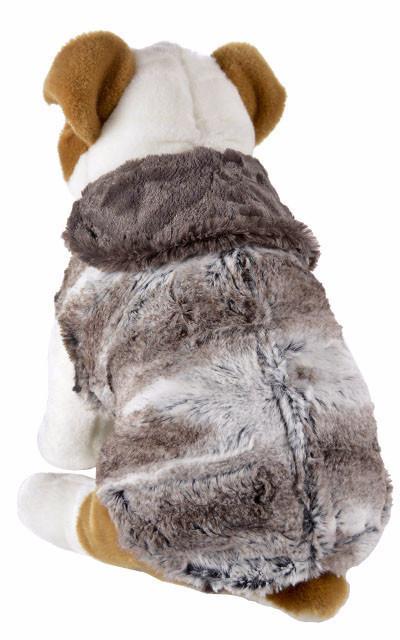 Stuffed dog back view wearing Designer Handmade reversible Dog Coat | Birch: Brown and Cream Luxury Faux Fur reversing to Gray | Handmade by Pandemonium Millinery Seattle, WA USA