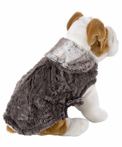 Side view of Stuffed dog wearing Designer Handmade reversible Dog Coat shown in reveres  | Birch: Brown and Cream Luxury Faux Fur reversing to Gray | Handmade by Pandemonium Millinery Seattle, WA USA