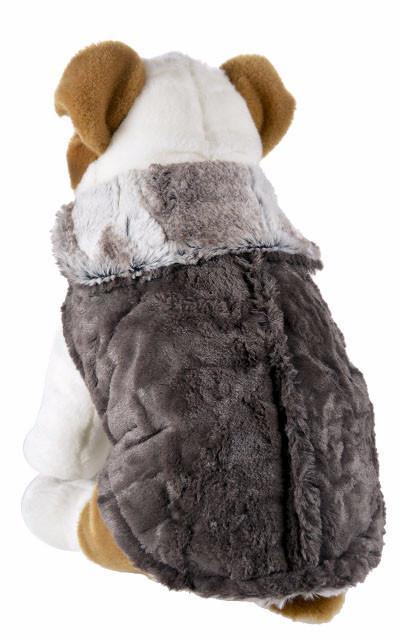 Back view of Stuffed dog wearing Designer Handmade reversible Dog Coat shown in reveres  | Birch: Brown and Cream Luxury Faux Fur reversing to Gray | Handmade by Pandemonium Millinery Seattle, WA USA