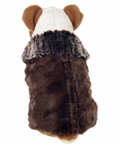 Back view of Stuffed dog wearing Designer Handmade reversible Dog Coat Side View | Chinchilla in Brown animal print Faux Fur reversing to Chocolate | Handmade by Pandemonium Millinery Seattle, WA USA