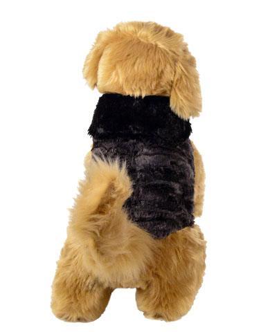 Back View Stuffed dog wearing Designer Handmade reversible Dog Coat | Espresso Bean Faux Fur reversing to Black shown in reverse | Handmade by Pandemonium Millinery Seattle, WA USA