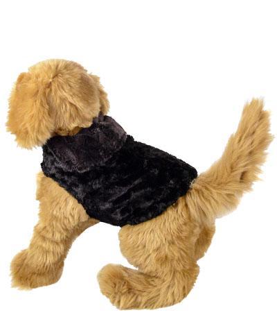 Stuffed dog wearing Designer Handmade reversible Dog Coat Side View | Espresso Bean Faux Fur reversing to Black shown in reverse | Handmade by Pandemonium Millinery Seattle, WA USA