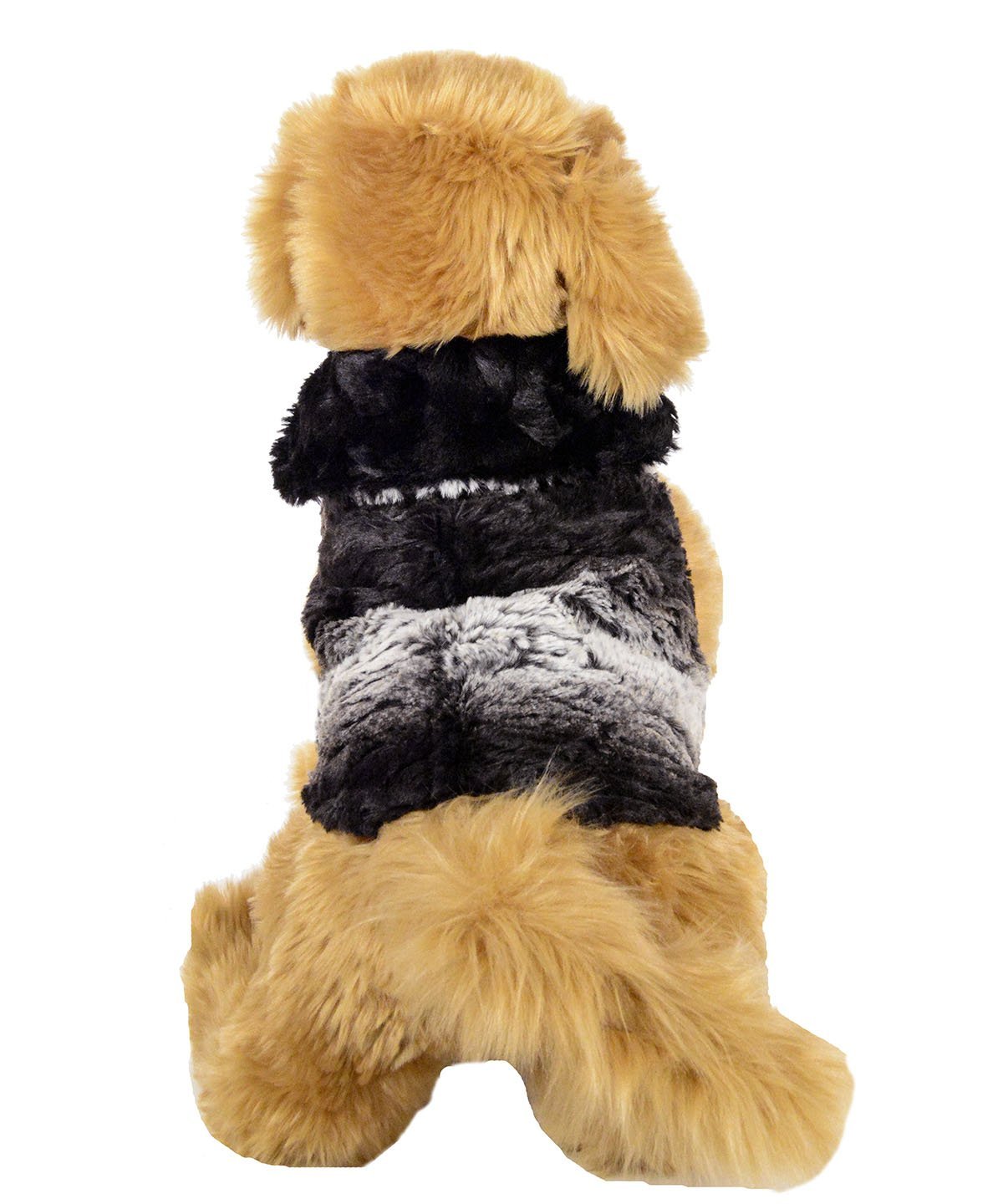 Back View Stuffed Dog wearing Designer Handmade reversible Dog Coat Side View | Smoldering Sequoia Faux Fur reversing to Black | Handmade by Pandemonium Millinery Seattle, WA USA