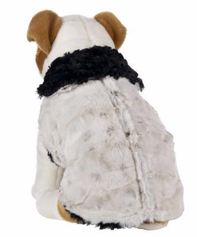 Back view of Stuffed Dog wearing Designer Handmade reversible Dog Coat Side View | Winter Frost off white Faux Fur reversing to Black | Handmade by Pandemonium Millinery Seattle, WA USA