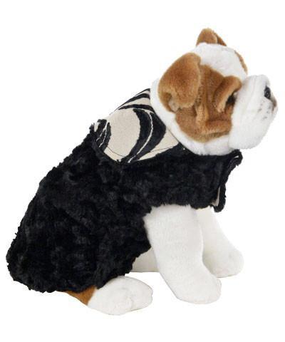 Side view of Stuffed dog wearing Designer Handmade reversible Dog Coat Side View | Black and White Waves upholstery fabric reversing to Black Faux Fur | Handmade by Pandemonium Millinery Seattle, WA USA