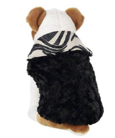 back view of Stuffed dog wearing Designer Handmade reversible Dog Coat Side View | Black and White Waves upholstery fabric reversing to Black Faux Fur | Handmade by Pandemonium Millinery Seattle, WA USA