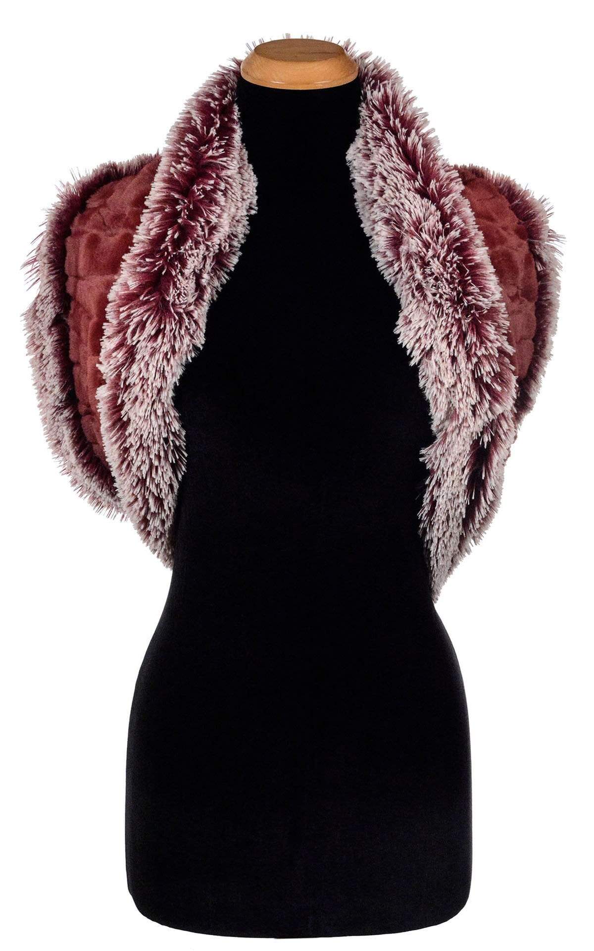 Shrug Style view Double Cowl Shrug looped behind on mannequin like a shrug | Cranberry Creek and Berry Foxy Faux Fur | Handmade USA by Pandemonium Seattle