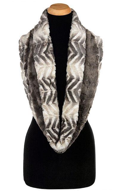 Long view of  Double Cowl Shrug  | Matterhorn Faux Fur with Cuddly Faux Fur Gray| by Pandemonium Seattle. Handmade in Seattle, WA USA.