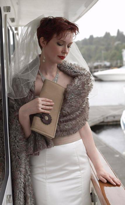 bride holding Envelope Clutch with Grosgrain Detail - Mushroom Taupe Velvet Handbag Pandemonium Millinery