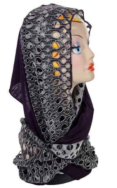 Ladies Two-Tone infinity Scarf on Mannequin | Lunar Landing, a black and neutral knit with curled edges surrounding holes, paired with a light-weight lime purple Jersey Knit | Handmade in Seattle WA | Pandemonium Millinery