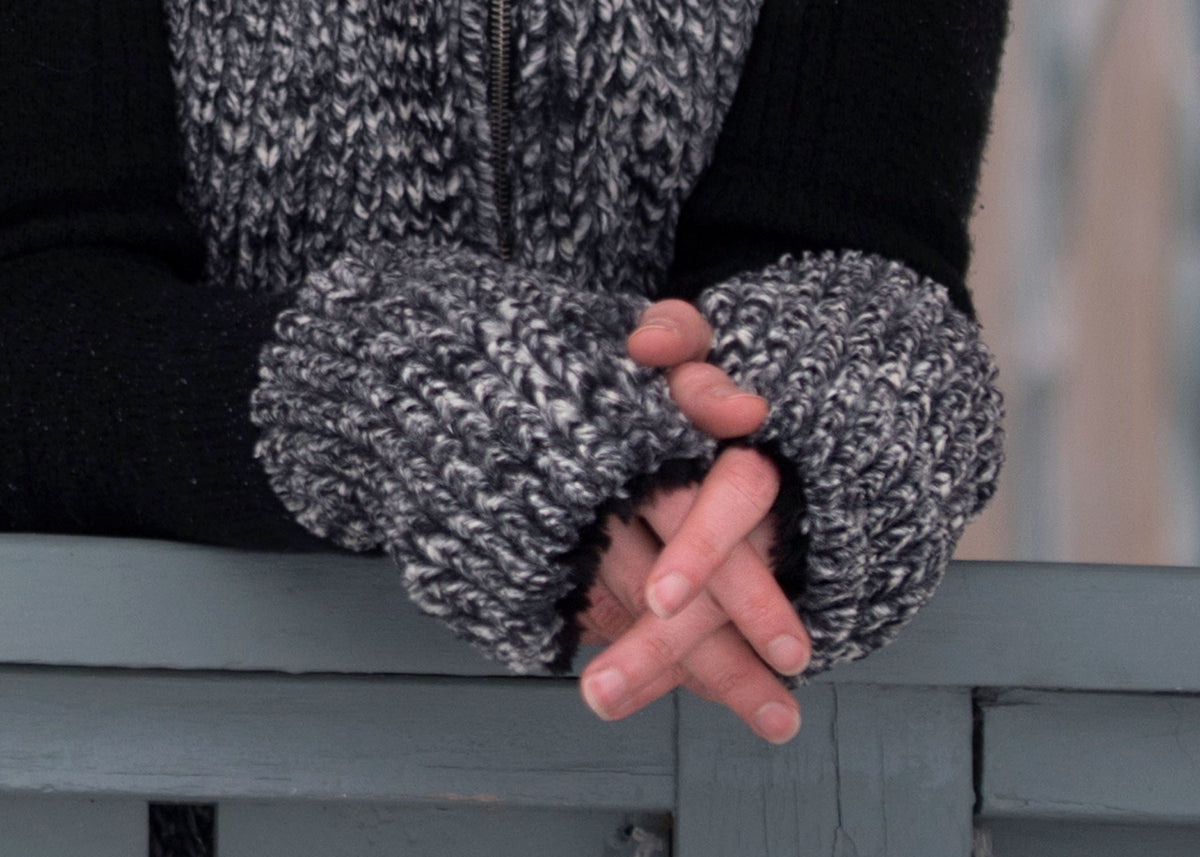 Fingerless Gloves Model Close Up | Cozy Cable Faux Fur in Ash lined Black | Pandemonium Millinery