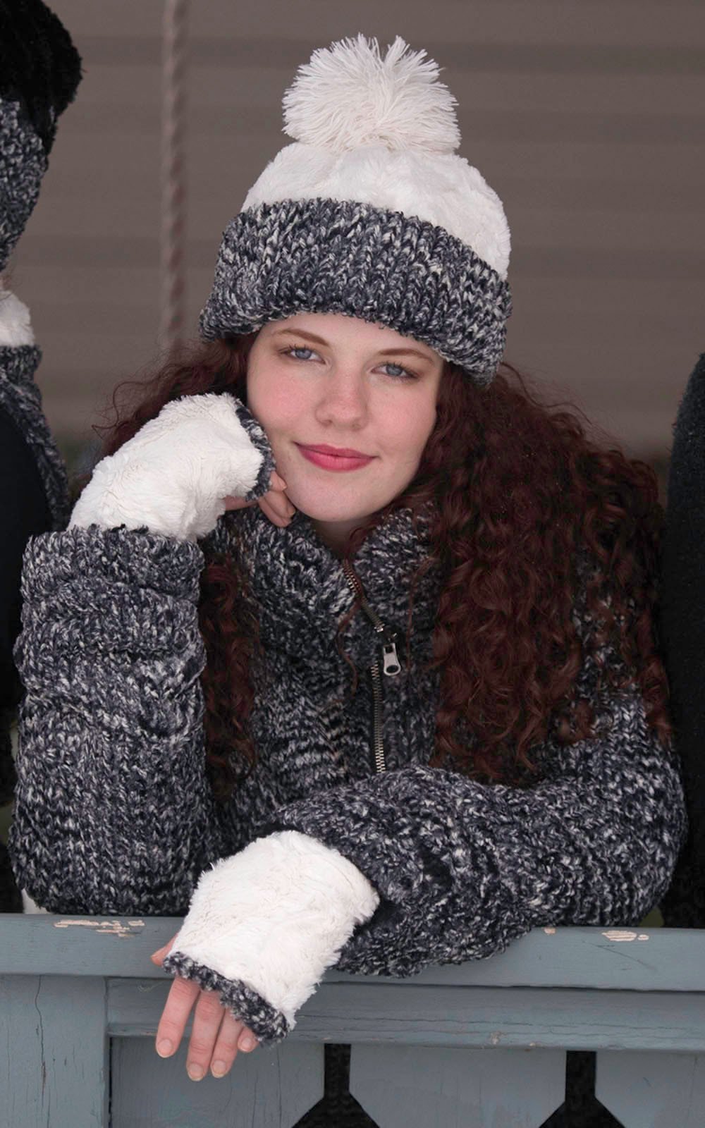 Fingerless Gloves Model Shot | Cozy Cable Faux Fur in Ash lined Ivory | Pandemonium Millinery