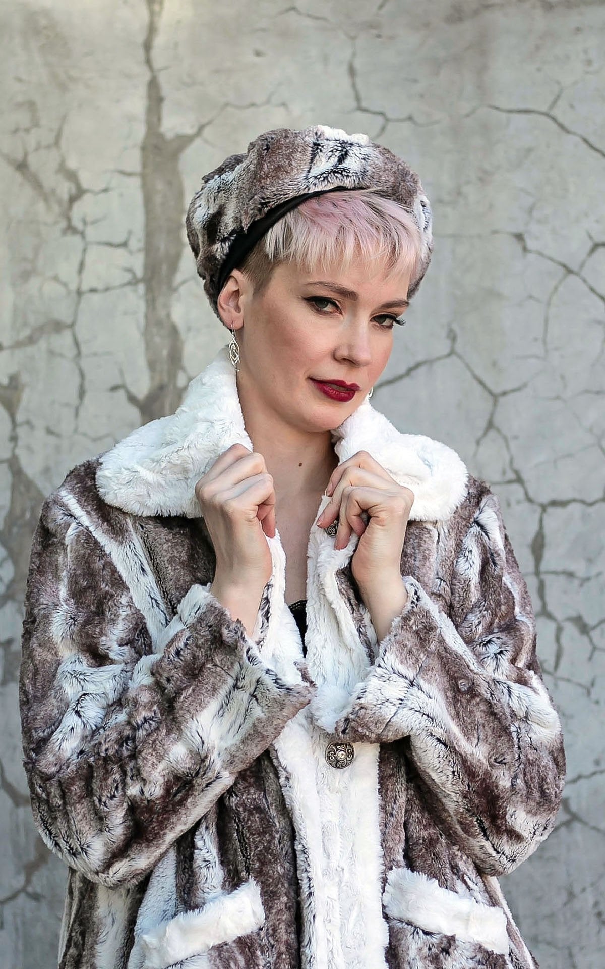 Close up of Model wearing Garland Swing Coat and Matching Beret| Birch Brown and Ivory Faux Fur and Cuddly Ivory | Handmade in Seattle WA | Pandemonium Millinery
